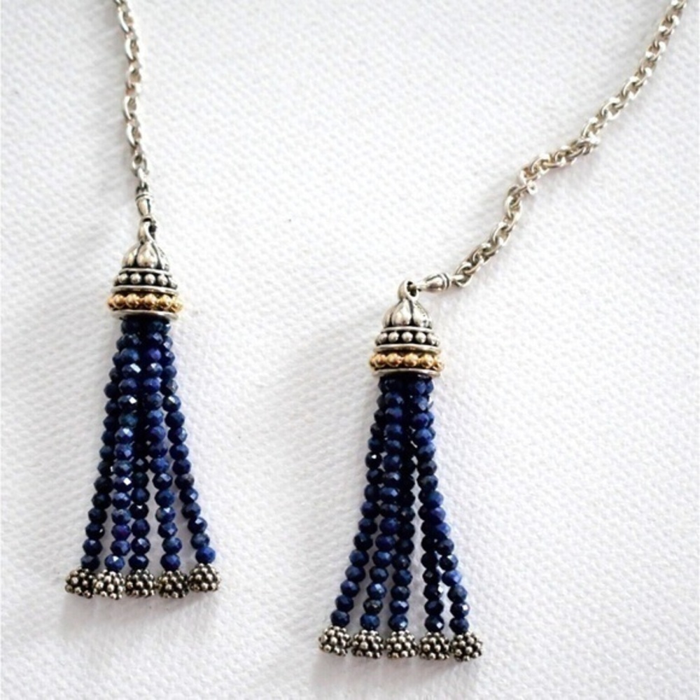 LAGOS Sterling Silver 18k Yellow Gold Caviar Icon Lapis Tassel Lariat Necklace